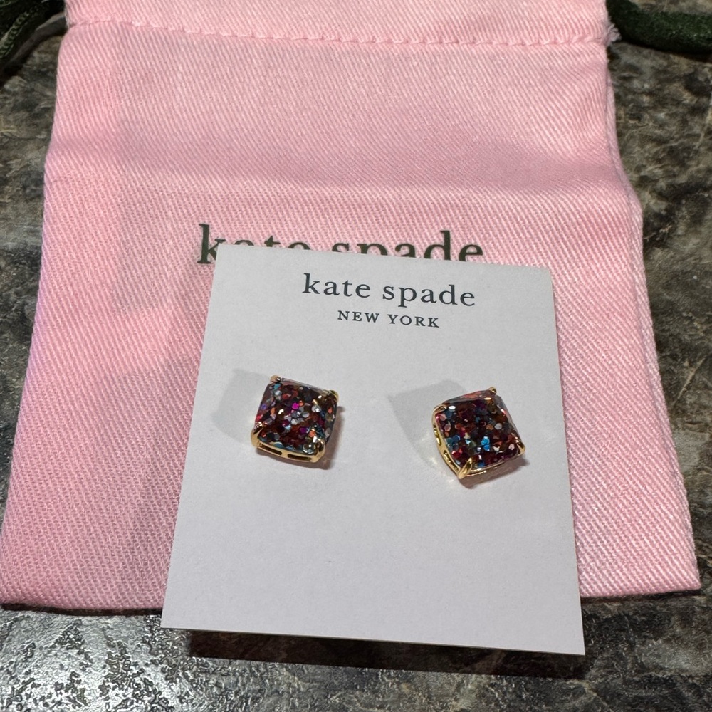Kate Spade  Gold Tone Square Multi Glitter Stud Earrings New
